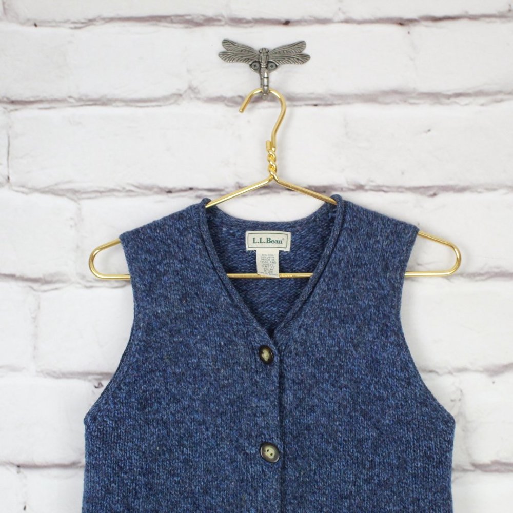 Vintage LL Bean Blue Wool Blend Knit Button Front Rolled Hem Vest Size M - Picture 2 of 8